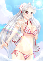 Rule 34 | 1girl, absurdres, amatou3, bikini, blush, bow, breasts, cleavage, fujiwara no mokou, hair bow, highres, large breasts, long hair, red eyes, see-through, shirt, side-tie bikini bottom, silver hair, smile, solo, swimsuit, touhou, very long hair, wet, wet clothes, wet shirt