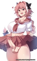 Rule 34 | 1girl, astolfo (fate), astolfo (sailor paladin) (fate), blush, bow, breasts, censored, clothes lift, cowboy shot, crop top, erection, fang, fate/grand order, fate (series), futanari, genderswap, genderswap (mtf), hair bow, hair intakes, heart, highres, hinghoi, large breasts, lifted by self, long braid, long hair, mosaic censoring, multicolored hair, nose blush, official alternate costume, open mouth, penis, pink hair, pointless censoring, school uniform, serafuku, short sleeves, simple background, skin fang, skirt, skirt lift, solo, streaked hair, testicles, white background, white hair