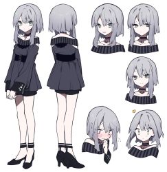 Rule 34 | 1girl, :d, black choker, black dress, black footwear, choker, closed mouth, commentary request, copyright request, dress, expressions, eyes visible through hair, flying sweatdrops, grey eyes, grey hair, high heels, highres, long sleeves, looking at viewer, mochizuki kei, open mouth, sash, short dress, short hair, short shorts, shorts, sidelocks, simple background, smile, sparkle, standing, star (symbol), white background, wide-eyed