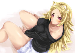 Rule 34 | 1girl, animal ears, arm support, bad id, bad pixiv id, bare shoulders, blonde hair, blush, breasts, curvy, female focus, from above, highres, large breasts, long hair, looking at viewer, original, purple eyes, raycat, red eyes, ribbed sweater, shiny skin, simple background, sitting, solo, sweater, thick thighs, thighs, white background