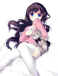 Rule 34 | 1girl, black bow, black hair, blue eyes, bow, hair ribbon, highres, loading (verjuice), long hair, looking at viewer, lying, on back, original, pink sweater, ribbon, skirt, solo, stuffed animal, stuffed toy, sweater, teddy bear, thighhighs, white ribbon, white skirt, white thighhighs