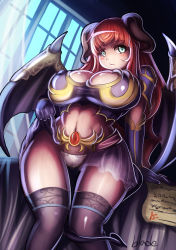 Rule 34 | 1girl, bat wings, black thighhighs, breasts, cameltoe, cleavage, covered erect nipples, curvy, demon girl, elbow gloves, embarrassed, gloves, green eyes, hip focus, horns, huge breasts, legs, long hair, midriff, orange hair, original, qblade, solo, tail, thigh gap, thighhighs, thighs, wide hips, wings