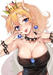 Rule 34 | 1girl, blonde hair, blue eyes, blush, bowsette, breasts, cleavage, collar, earrings, female focus, highres, horns, jewelry, mario (series), nintendo, pointy ears, sharp teeth, simple background, smile, solo, spiked collar, spikes, super crown, teeth, tongue, tongue out, white background, yaguo