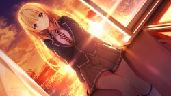 Rule 34 | 1girl, ayase hazuki, blonde hair, breasts, chobipero, classroom, collared shirt, desk, dutch angle, evening, game cg, green eyes, highres, indoors, large breasts, legs, long hair, looking at viewer, school, school uniform, serious, skirt, sky, standing, sun, sunlight, thighs, window, zannen na ane to no love comedy
