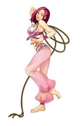 Rule 34 | 1girl, ;), alternate costume, ankle wrap, arabian clothes, barefoot, bindi, breasts, dancer, glitter, harem pants, jewelry, large breasts, leon (s-damianvencedor), lips, nose, one eye closed, pants, purple hair, ring, see-through, short hair, smile, solo, the king of fighters, whip, whip (kof), wrist wrap