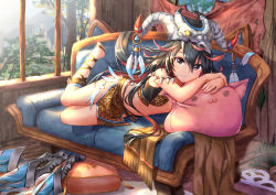 Rule 34 | 1girl, :3, ahoge, alle gro, bare shoulders, barefoot, black hair, blush, breasts, brown eyes, claws, couch, dark-skinned female, dark skin, female focus, king&#039;s raid, long hair, looking at viewer, lying, mask, multicolored hair, nia (king&#039;s raid), on stomach, pillow, red hair, sarong, shiny skin, skull mask, small breasts, smile, solo, two-tone hair, very long hair, vest