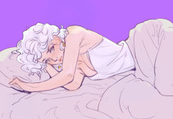 Rule 34 | 1girl, bed, breasts, cleavage, earrings, jewelry, large breasts, lips, lipstick, looking at viewer, lying, makeup, nakama yasukata, on side, original, pillow, purple eyes, silver hair, solo, star (symbol), star earrings
