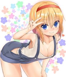 Rule 34 | 1girl, alice margatroid, alternate costume, ass, bare arms, bent over, blonde hair, blue eyes, blush, breasts, chiroshiron, cleavage, closed mouth, hairband, heart, highres, hip vent, looking at viewer, medium breasts, overalls, red hairband, smile, solo, suspenders, tank top, touhou, v