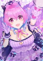 Rule 34 | 1girl, :d, absurdres, ahoge, animal hands, blue hair, blush, bow, bowtie, breasts, cleavage, dress, fang, frilled gloves, frills, gloves, hair between eyes, hair intakes, hair ornament, haru yu, hat, highres, holding, holding microphone, huge filesize, idol, idolmaster, idolmaster cinderella girls, large breasts, lolita fashion, looking at viewer, microphone, multicolored hair, open mouth, paw gloves, pink eyes, pink hair, purple dress, short hair, skin fang, smile, solo, star (symbol), star hair ornament, sweet lolita, two-tone hair, yumemi riamu