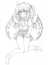 Rule 34 | 1girl, ascot, bare legs, blush, bobby socks, closed mouth, collared shirt, crystal, fang, fang out, flandre scarlet, graphite (medium), greyscale, highres, long hair, looking at viewer, marukyuu ameya, miniskirt, monochrome, no headwear, one side up, pleated skirt, pointy ears, shirt, short sleeves, sketch, skin fang, skirt, socks, solo, sweat, touhou, traditional media, vest, wings