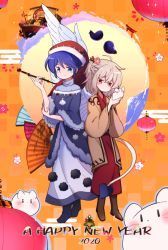 Rule 34 | 2girls, adapted costume, ahoge, animal, back-to-back, blue eyes, blue hair, blush, braid, buna shimeji (keymush), chinese zodiac, closed mouth, doremy sweet, dress, feathered wings, flower, full body, hair flower, hair ornament, happy new year, hat, holding, holding animal, japanese clothes, kimono, kishin sagume, long sleeves, looking at viewer, multiple girls, new year, nightcap, pom pom (clothes), purple kimono, red eyes, ship, short hair, silver hair, single wing, smile, tail, tapir tail, touhou, watercraft, wings, year of the rat