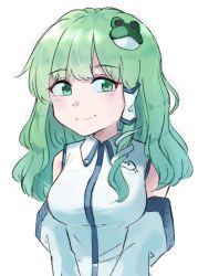 Rule 34 | 1girl, 5alive, bare shoulders, breasts, closed mouth, collared shirt, commentary request, detached sleeves, dress shirt, frog hair ornament, green eyes, green hair, hair ornament, hair tubes, kochiya sanae, large breasts, long hair, looking to the side, shirt, sleeveless, sleeveless shirt, smile, snake hair ornament, solo, touhou, two-tone shirt, wavy hair, white background, white shirt