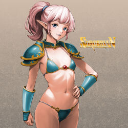 1girl arm_guards armor bikini_armor blue_armor blue_eyes breasts cleavage copyright_name cowboy_shot dragon_slayer_(series) elf gold_trim grin hand_on_own_hip highres medium_hair midriff minamoto80486 navel o-ring o-ring_bottom pauldrons pink_hair pointy_ears ponytail shoulder_armor small_breasts smile solo sorcerian teeth