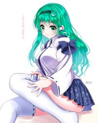 Rule 34 | 1girl, artist name, blue bow, blue ribbon, blue skirt, blush, bow, breasts, closed mouth, dated, detached sleeves, frog hair ornament, from side, green eyes, green hair, hair ornament, hair tubes, hairband, highres, kochiya sanae, large breasts, long hair, long sleeves, ribbon, ribbon-trimmed legwear, ribbon-trimmed sleeves, ribbon trim, sidelocks, sitting, skirt, smile, snake hair ornament, solo, thighhighs, touhou, translation request, white background, white thighhighs, wide sleeves, yamaguchi yuu