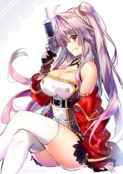 Rule 34 | 1girl, azur lane, bare shoulders, blush, breasts, buttons, cleavage, commentary request, crossed legs, finger on trigger, fingerless gloves, from side, gloves, grenville (azur lane), gun, hair ornament, handgun, jacket, jacket on shoulders, large breasts, light purple hair, long hair, looking at viewer, open mouth, parted lips, purple hair, red eyes, red jacket, revolver, riichu, shoes, side ponytail, simple background, sitting, smile, solo, teeth, thighhighs, twitter username, very long hair, weapon, white thighhighs