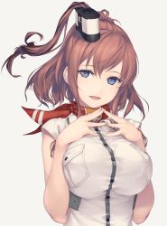 Rule 34 | 10s, 1girl, anchor, blue eyes, breast pocket, breast suppress, breasts, brown hair, dress, hair ornament, kantai collection, large breasts, long hair, neckerchief, open mouth, own hands together, pocket, red neckerchief, rokuwata tomoe, saratoga (kancolle), shirt, side ponytail, sidelocks, simple background, smile, smokestack, solo, taut clothes, taut shirt, white background, white dress