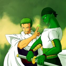 Rule 34 | 2boys, alien, black eyes, cape, cloud, colored skin, cosplay, crossover, dragon ball, dragonball z, earrings, green hair, green skin, haramaki, jewelry, katana, male focus, multiple boys, one piece, piccolo, pirate, pointy ears, roronoa zoro, shirt, smile, standing, sword, t-shirt, weapon