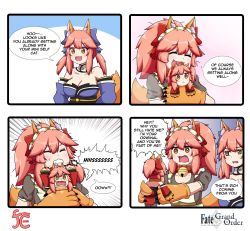 Rule 34 | 3girls, alternate costume, animal ear fluff, animal ears, animal hands, apron, bare shoulders, bell, blue kimono, blue ribbon, breasts, cat paws, cleavage, closed eyes, collar, detached sleeves, english text, engrish text, enmaided, fangs, fate/extella, fate/extra, fate/grand order, fate (series), fox ears, fox girl, fox tail, gloves, hair ribbon, highres, injury, japanese clothes, jingle bell, keita naruzawa, kimono, large breasts, maid, maid apron, maid headdress, multiple girls, multiple persona, neck bell, open mouth, paw gloves, pink hair, ranguage, red ribbon, ribbon, scratches, speech bubble, tail, tamamo (fate), tamamo cat (fate), tamamo cat (first ascension) (fate), tamamo cat (second ascension) (fate), tamamo no mae (fate/extra), waist apron, white apron, yellow eyes
