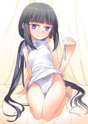 Rule 34 | 1girl, barefoot, black hair, blue eyes, blush, breasts, commentary request, dress, embarrassed, ina (inadahime), kaoru-chan (ina (inadahime)), long hair, looking at viewer, low twintails, original, panties, short dress, side-tie panties, sitting, small breasts, solo, twintails, underwear, untied panties, white dress, white panties