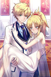 Rule 34 | 1boy, 1girl, @ @, ahoge, arthur pendragon (fate), arthur pendragon (white rose) (fate), bare shoulders, bead necklace, beads, blonde hair, blue neckwear, blue shirt, blush, braid, breasts, bride, buttons, carrying, closed mouth, collarbone, collared shirt, commentary, dress, earrings, embarrassed, fate/apocrypha, fate/grand order, fate (series), father and daughter, fingernails, formal, french braid, gloves, green eyes, hair between eyes, hair ornament, hair scrunchie, hand on another&#039;s chest, high ponytail, highres, jacket, jewelry, long dress, long hair, looking at viewer, looking away, looking down, mordred (fate), mordred (fate/apocrypha), necklace, necktie, nose blush, pocket, ponytail, princess carry, red scrunchie, scrunchie, see-through, shigure s, shirt, sidelocks, sleeveless, sleeveless dress, small breasts, smile, standing, striped clothes, striped shirt, suit, tie clip, wedding dress, white dress, white gloves, white jacket, white shirt, white suit