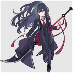 Rule 34 | 1boy, black coat, black eyes, black footwear, black hair, black pants, black vest, blue eyes, closed mouth, coat, collared shirt, commentary request, full body, grey background, guan dao, half updo, heterochromia, highres, hong lu (project moon), limbus company, long hair, long sleeves, looking at viewer, necktie, pants, polearm, project moon, red necktie, red ribbon, ribbon, shiki (shikki46), shirt, shoes, simple background, smile, solo, very long hair, vest, white shirt