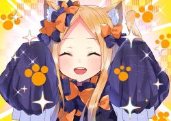 Rule 34 | 1girl, ^ ^, abigail williams (fate), akirannu, animal ear fluff, animal ears, black bow, blonde hair, bow, cat ears, cat tail, closed eyes, commentary request, fate/grand order, fate (series), hair bow, long hair, looking at viewer, multiple bows, orange bow, parted bangs, sei shounagon (fate), sleeves past fingers, sleeves past wrists, solo, tail, teeth, upper teeth only