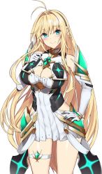 Rule 34 | 1girl, bare legs, bare shoulders, blonde hair, breasts, character request, chest jewel, cleavage, cleavage cutout, clothing cutout, copyright request, cosplay, dress, elbow gloves, gloves, highres, large breasts, long hair, mythra (xenoblade), mythra (xenoblade) (cosplay), short dress, swept bangs, thigh strap, very long hair, white dress, white gloves, xenoblade chronicles (series), xenoblade chronicles 2, yappen, yellow eyes