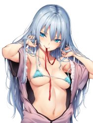Rule 34 | 1girl, arms up, bikini, bikini top only, bikini under clothes, blue bikini, blue eyes, breasts, collarbone, comic kairakuten, hair between eyes, hair over shoulder, lips, long hair, looking at viewer, michiking, micro bikini, mouth hold, naughty face, navel, o-ring, o-ring bikini, open clothes, open shirt, ribbon, ribbon in mouth, shirt, silver hair, simple background, small breasts, smile, solo, stomach, strap slip, sweat, swimsuit, underboob