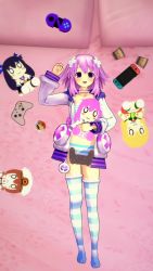 Rule 34 | 3d, d-pad, d-pad hair ornament, feet, flat chest, hair ornament, highres, indoors, nepgear, neptune (neptunia), neptune (series), nintendo switch, no shoes, open mouth, panties, parka, playstation controller, purple eyes, purple hair, short hair, simple background, striped clothes, striped legwear, striped panties, toes, underwear, vert (neptunia), xbox controller