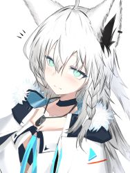 Rule 34 | 1girl, ahoge, animal ear fluff, black choker, blush, braid, choker, collarbone, commentary request, dog tags, earrings, fur-trimmed jacket, fur trim, green eyes, hair between eyes, highres, hololive, jacket, jewelry, long hair, looking at viewer, notice lines, open clothes, open jacket, radar (5iqjk6toh5cdo5x), shirakami fubuki, shirakami fubuki (fubukitek), sidelocks, simple background, single braid, solo, virtual youtuber, white background, white hair, white jacket