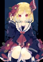 Rule 34 | 1girl, black shirt, black socks, blonde hair, blue background, feet out of frame, flower, frills, hair flower, hair ornament, hair ribbon, hand up, highres, looking at viewer, nikorashi-ka, one-hour drawing challenge, pointy ears, red eyes, red neckwear, red ribbon, ribbon, rumia, sailor collar, shirt, short hair, sitting, sleeves past wrists, socks, solo, touhou