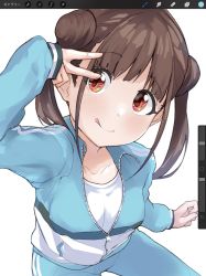 Rule 34 | 1girl, blue jacket, blue pants, blush, breasts, brown hair, closed mouth, double bun, hair bun, hand up, highres, idolmaster, idolmaster shiny colors, jacket, licking lips, long hair, long sleeves, looking at viewer, medium breasts, misekai 555, pants, red eyes, shirt, short twintails, simple background, smile, solo, sonoda chiyoko, tongue, tongue out, track jacket, track pants, track suit, twintails, v, white background, white shirt, zipper, zipper pull tab