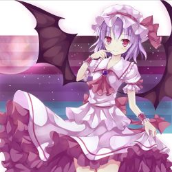 Rule 34 | 1girl, bat wings, dress, female focus, finger to mouth, hat, highres, mizumidori, moon, purple hair, red eyes, remilia scarlet, short hair, skirt hold, smile, solo, touhou, wings, wrist cuffs