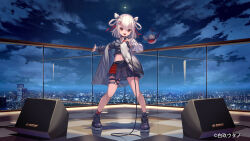 Rule 34 | 1girl, :d, asymmetrical skirt, cityscape, copyright notice, full body, hair ornament, hair rings, holding, holding microphone, jacket, long sleeves, medium hair, microphone, midriff, miniskirt, navel, night, open clothes, open jacket, open mouth, outdoors, red eyes, sakumichi, shiratama utano, shoes, skirt, smile, solo, speaker, thigh strap, univirtual, virtual youtuber, white hair
