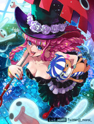 Rule 34 | 1girl, black dress, blue eyes, braid, breasts, devil fruit, dress, drill hair, flower, ghost, hat, hat flower, holding, holding umbrella, horo horo no mi, large breasts, long hair, looking at viewer, medium breasts, moroi, nail polish, one piece, parasol, perona, pink hair, red nails, solo, strapless, strapless dress, stuffed animal, stuffed toy, tongue, tongue out, top hat, twin braids, umbrella, very long hair