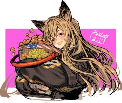 Rule 34 | 1girl, animal ears, arknights, brown hair, bucket, ceobe (arknights), dated, dog ears, fang, fbc, food, long hair, long sleeves, pink background, popcorn, signature, solo, transparent background