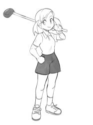 Rule 34 | 1girl, absurdres, breasts, closed mouth, eyelashes, full body, gloves, golf club, hand on own hip, highres, holding, holding golf club, mario (series), mario golf, nintendo, over shoulder, plum (nintendo), polo shirt, shirt, shoes, short hair, short sleeves, shorts, single glove, sketch, small breasts, smile, socks, solo, standing, tobias leviathan, twintails, white background