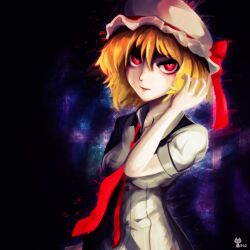 Rule 34 | 1girl, alternate breast size, alternate costume, blonde hair, breasts, closed mouth, collared shirt, dark background, flandre scarlet, hat, hat ribbon, highres, looking at viewer, medium breasts, medium hair, mob cap, necktie, puffy short sleeves, puffy sleeves, red eyes, red necktie, red ribbon, ribbon, sakumochi (pixiv4431677), shirt, short sleeves, solo, touhou, upper body, white hat, white shirt