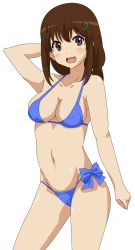 Rule 34 | 1girl, absurdres, bikini, blush, breasts, brown hair, cameltoe, cleavage, covered erect nipples, fujimiya konomi, hair ornament, highres, long hair, looking at viewer, navel, non non biyori, open mouth, purple eyes, smile, solo, standing, swimsuit, tagme