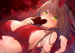 Rule 34 | 1girl, blush, bra, breasts, brown hair, candy, chocolate, chocolate heart, cleavage, commentary request, covered mouth, flower, food, from side, heart, highres, holding, holding food, large breasts, long hair, looking at viewer, lying, on back, one side up, original, petals, red bra, red flower, red rose, rose, rose petals, solo, ukamaru, underwear, underwear only, valentine