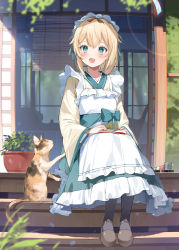 Rule 34 | 1girl, :d, apron, black pantyhose, blonde hair, blue bow, blue eyes, blue skirt, book, bow, brown footwear, cat, dango, day, food, frilled apron, frilled hairband, frilled skirt, frills, full moon, hairband, hana mori, high-waist skirt, highres, hololive, kazama iroha, long sleeves, maid, medium hair, moon, open book, open mouth, pantyhose, plant, potted plant, revision, shoes, sitting, skirt, smile, solo, virtual youtuber, wagashi, white apron, wide sleeves