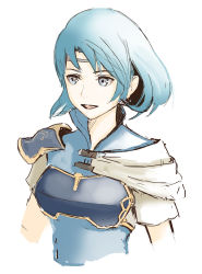 Rule 34 | 1girl, armor, blue eyes, blue hair, blue jacket, breastplate, circlet, fire emblem, fire emblem: the binding blade, highres, jacket, looking to the side, nintendo, open mouth, pauldrons, samohichi, shirt, shirt under jacket, short hair, shoulder armor, smile, solo, thea (fire emblem), upper body, white background, white shirt