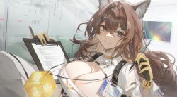 Rule 34 | 1girl, absurdres, animal ear fluff, animal ears, blue eyes, breasts, brown hair, character request, clipboard, commentary, english commentary, girls&#039; frontline, girls&#039; frontline neural cloud, gloves, hair between eyes, highres, holding, holding clipboard, holding pen, id card, kuroduki (pieat), long hair, looking at viewer, pen, shirt, smile, solo, turing (neural cloud), upper body, white shirt, yellow gloves