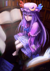 Rule 34 | 1girl, bad id, bad pixiv id, barefoot, book, female focus, from above, hat, highres, patchouli knowledge, perspective, purple hair, sitting, solo, touhou, tuzki