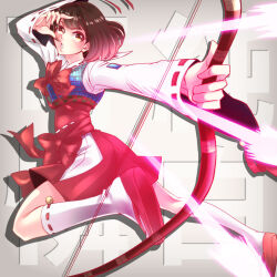 1girl :o bow bow_(weapon) bowtie brown_eyes brown_hair drop_shadow firing grey_background hakama hakama_short_skirt hakama_skirt holding holding_bow_(weapon) holding_weapon japanese_clothes kneehighs leg_up looking_ahead murakami_nana nontraditional_miko red_bow red_bowtie red_hakama sailor_collar sengoku_basara short_hair simple_background skirt socks solo tsuruhime_(sengoku_basara) v-shaped_eyebrows weapon white_sailor_collar white_socks