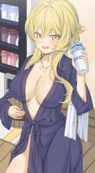 Rule 34 | 1girl, absurdres, bath yukata, blonde hair, blush, bottle, breasts, cleavage, commentary request, genshin impact, hair ornament, highres, japanese clothes, kimono, large breasts, looking at viewer, lumine (genshin impact), milk bottle, o-los, open mouth, short hair, thighs, yellow eyes, yukata