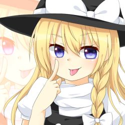 Rule 34 | 1girl, :p, blonde hair, blue eyes, bow, braid, female focus, hair bow, hat, kirisame marisa, long hair, side braid, solo, tongue, tongue out, touhou, witch, witch hat, yuria (kittyluv)