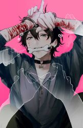 Rule 34 | 1boy, arms up, biting, black choker, black hair, blood, blood on arm, blood on face, choker, collared jacket, cuffs, drooling, from above, gagged, green eyes, grey jacket, guro, hair between eyes, hand on another&#039;s arm, handcuffs, heart, heart in eye, highres, jacket, light blush, looking at viewer, lying, male focus, multiple others, on back, original, pink background, pov, pov hands, scar, scar on arm, self-harm, shirt, simple background, sleeves rolled up, soosiwh, symbol in eye, upper body, white shirt
