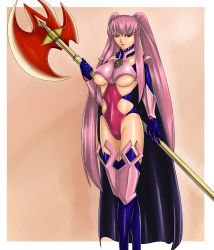 Rule 34 | 1girl, armor, axe, breasts, cape, huge weapon, judge martin, knight, long hair, pink hair, pixiv fantasia, pixiv fantasia 3, red eyes, solo, twintails, underboob, warrior, weapon