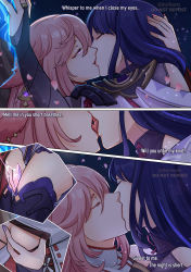 Rule 34 | 2girls, bare shoulders, blush, breasts, bridal gauntlets, cleavage, closed eyes, commentary, earrings, electricity, english commentary, english text, expressionless, eye contact, eyelashes, fingernails, flower, french kiss, from side, genshin impact, glowing, glowing eyes, hair between eyes, hair flower, hair ornament, hand on another&#039;s head, highres, japanese clothes, jewelry, jhorliearts, kiss, large breasts, lips, long hair, long sleeves, looking at another, miko, multiple girls, nail polish, nose, parted lips, pink hair, pink nails, priestess, purple eyes, purple hair, raiden shogun, sidelocks, standing, teeth, thighhighs, thighs, tongue, upper body, yae miko, yuri
